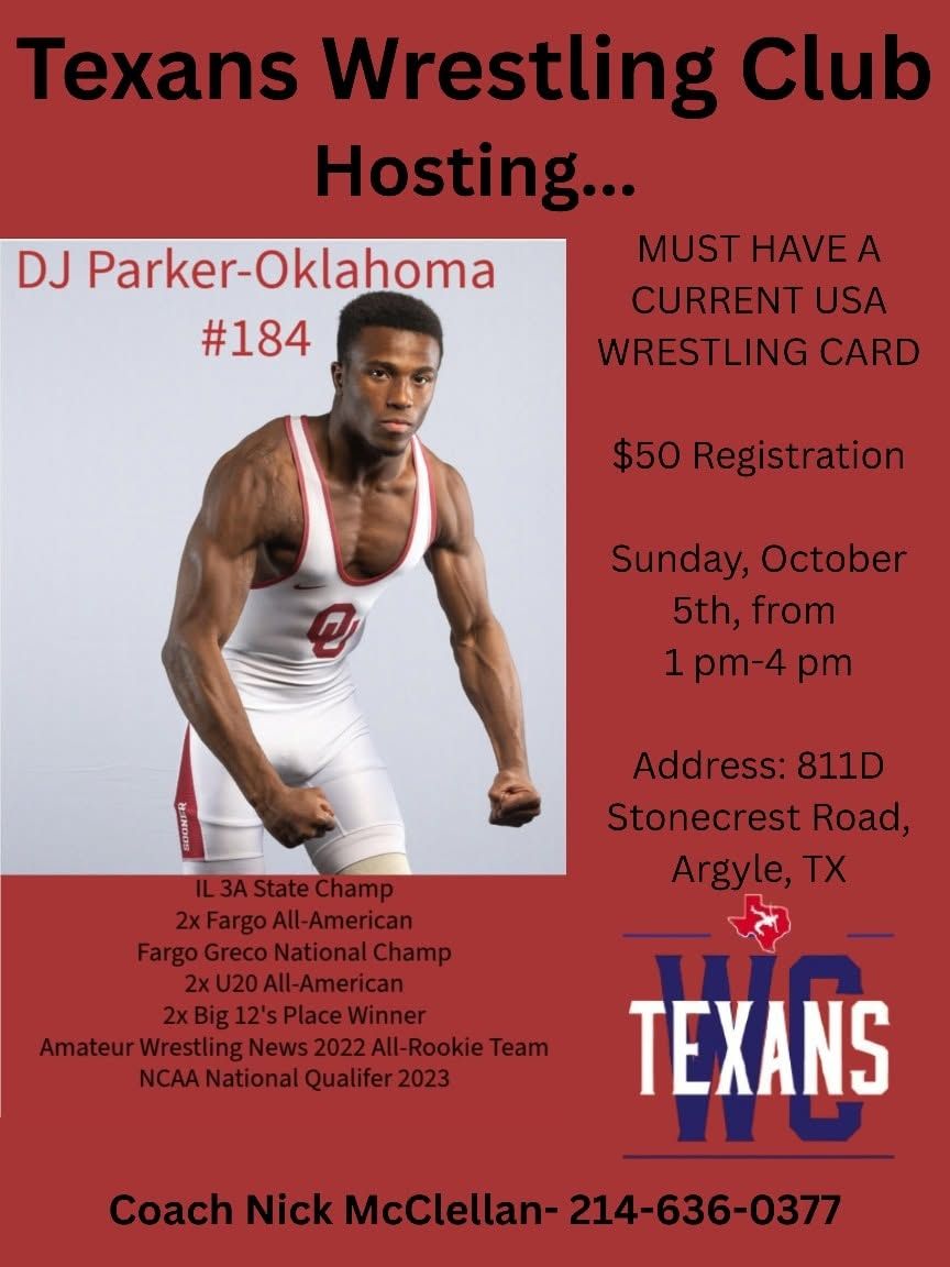 Flyer for the DJ Parker clinic hosted by Texans Wrestling Club on Sunday, October 5, 1 to 4 PM, $50 registration