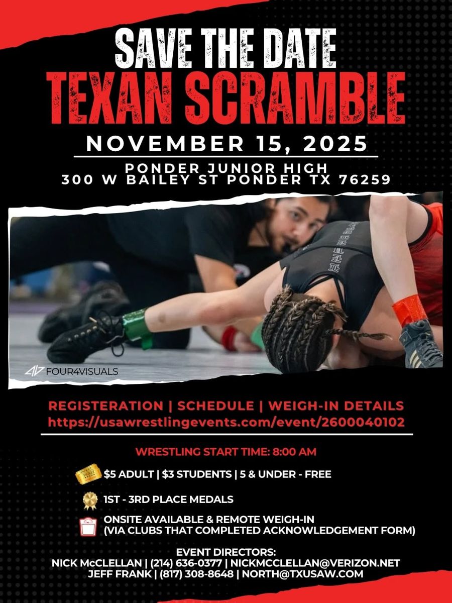 Texan Scramble flyer: November 15, 2025 at Ponder Junior High, 300 W Bailey St, Ponder TX 76259